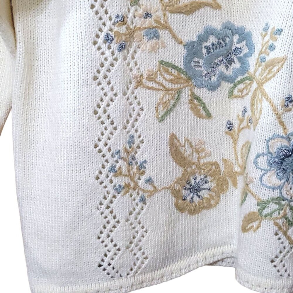 Vtg Jantzen Classics Ivory Floral Hand Embroidered Sweater M V-Neck Grandma - Picture 7 of 11